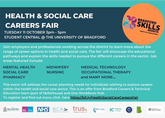 An advertisement for the health and social care careers fair